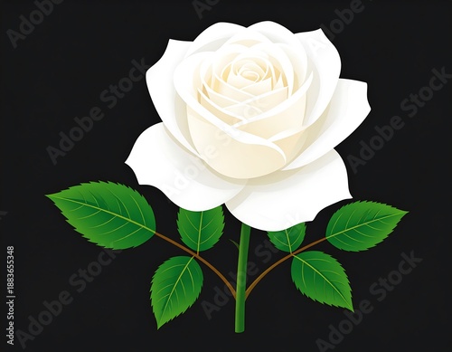A pristine white rose blossoms against a stark black background, showcasing delicate petals and vibrant green leaves