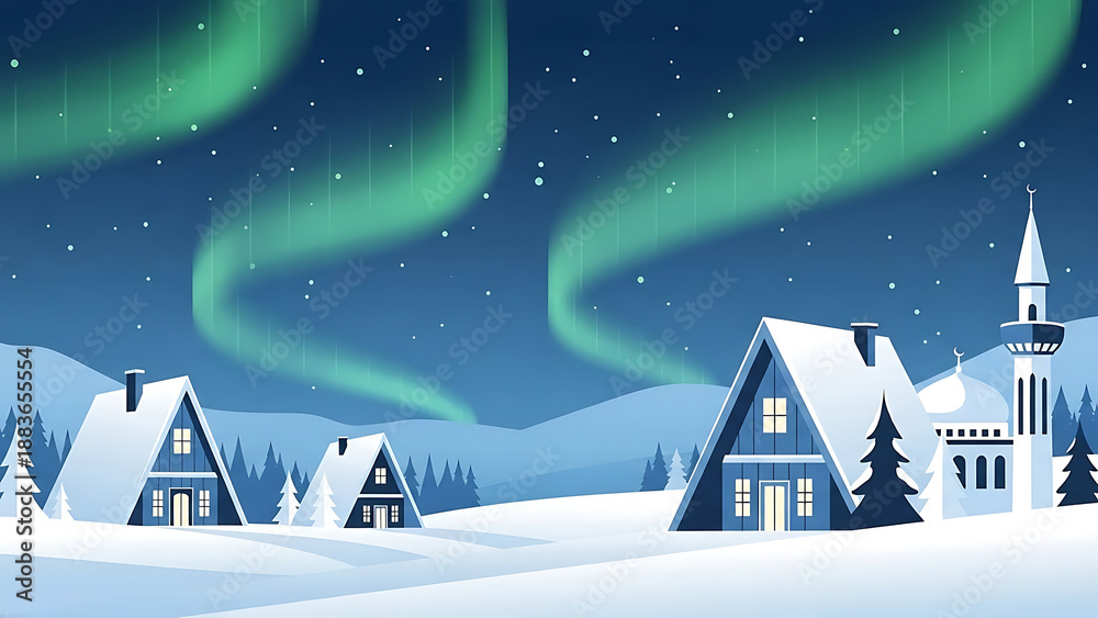 Naklejka premium northern lights winter village scene with snow-covered a-frame houses and mosque under a starry arctic sky background