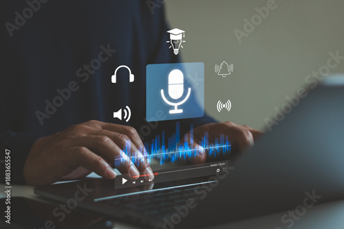 Man hand using laptop with digital microphone, audio waveform interface for podcast recording, live streaming, online education, virtual teaching, voice communication, ai content creation technology.