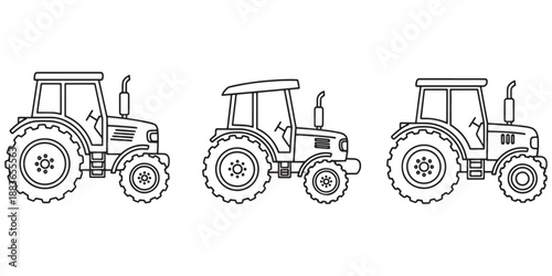 Set of 3 agricultural tractor icons in thin line art style, detailed vector illustrations of modern farm machinery and heavy equipment for agribusiness and industrial design.