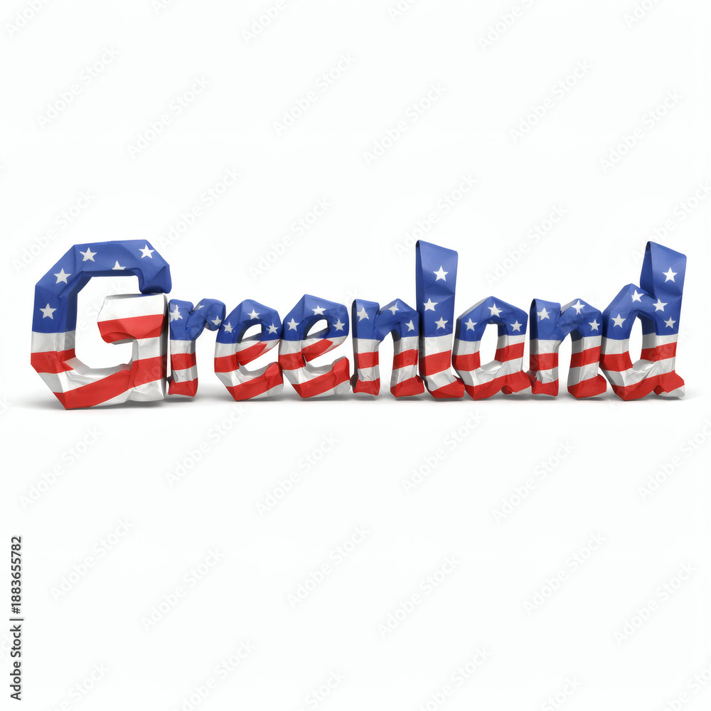 Obraz premium Greenland Text Art: A captivating visual representation of the word Greenland, creatively designed with American flag patterns. This unique artwork symbolizes a fusion of text and patriotism.