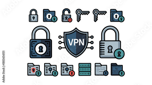 Set of secure and safe icons representing data protection and online privacy.