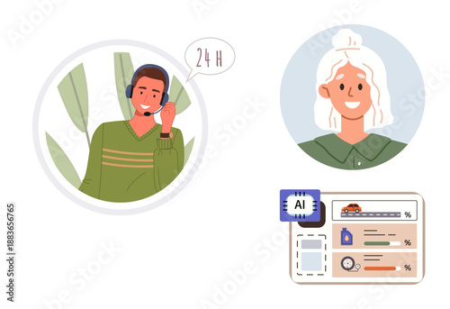 Customer service, artificial intelligence, digital platforms, data analysis, user profiles, communication tools. Call center agent with headset, profile image AI-processed data chart. Customer