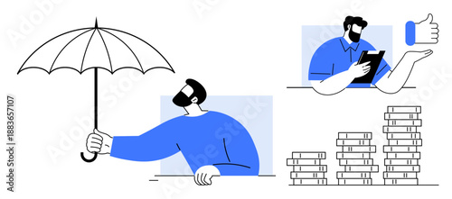 Financial planning, investment growth, business success, risk management, personal development, wealth management. Man holding umbrella, stacked coins person working on tablet. Financial planning