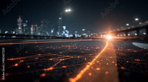 Illuminated data flows on a city road at night, leading to the horizon