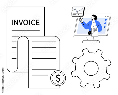 Invoicing concept. Invoicing with document, dollar sign, gear, and online worker presentation. Invoicing streamlines finance, improves organization, and supports automation. For business finance