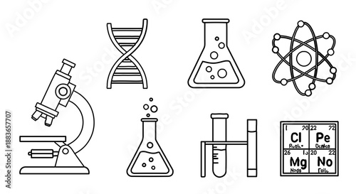 A set of science icons including a microscope, DNA, beakers, and atoms in a flat, minimalist design style.