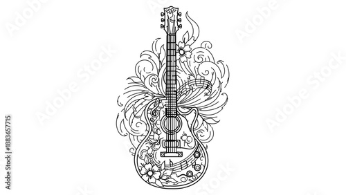 A minimalist line art illustration of an electric guitar with floral designs