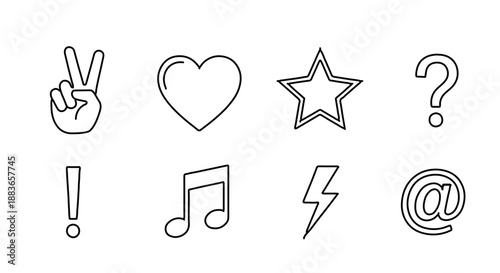 A set of eight minimalist line art icons including symbols and punctuation marks