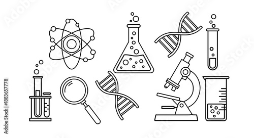 A set of science icons and symbols in a flat, minimalist design style