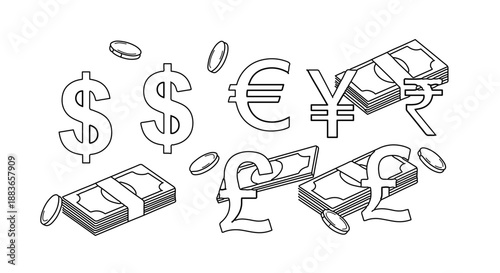 A minimalist vector graphic illustration of various international currency symbols and banknotes in a simple line art style