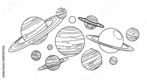 A minimalist vector illustration of planets and celestial bodies in a simple line art style