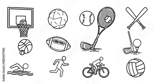 A collection of sports icons and equipment in a minimalist vector graphic design