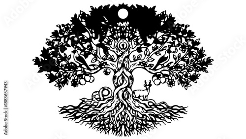 A detailed vector illustration of a tree of life with intricate roots and branches