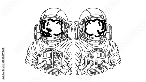 A minimalist line art illustration of two astronauts in spacesuits facing forward with helmets and control panels