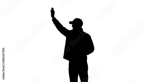A silhouette of a man in a baseball cap holding up his hand in a gesture of triumph or celebration against a plain white background