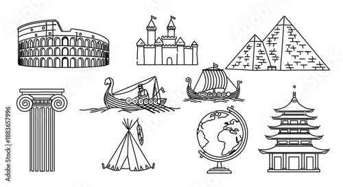 A set of iconic landmarks and symbols from around the world in a minimalist vector graphic design