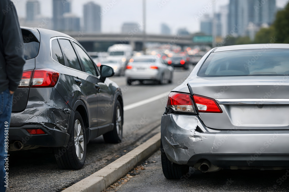 Naklejka premium Minor Fender Bender on Busy City Highway with Heavy Traffic