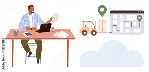 Logistics, supply chain, e-commerce management, delivery tracking, inventory planning, remote work. Person working on delivery documents beside map and forklift. Logistics and supply chain concepts