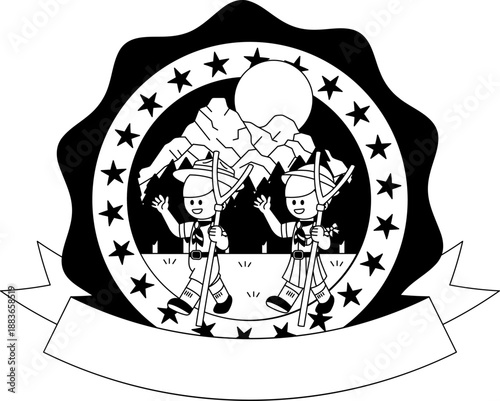 black and white illustration of The logo of Boy Scouts and Girl Scouts hiking in the forest