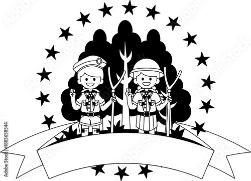 black and white illustration of The Boy Scout and Girl Scout logos are in the forest