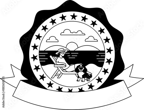 black and white illustration of A man is relaxing on a beach with his dog