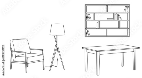 Line drawing of furniture set with chair, lamp, table, and bookshelf