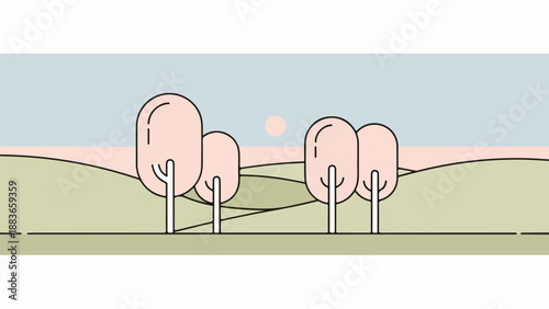 Serene landscape illustration with pastel sky, green meadow, and symmetrical trees at dawn or dusk
