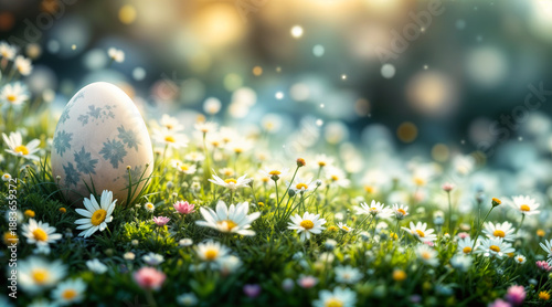 Osterei im Blumenfeld mit frühlingshaftem Sonnenlicht und sanftem Bokeh-Hintergrund