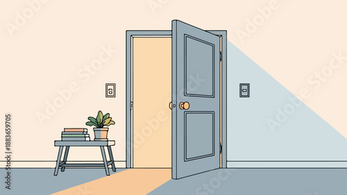 Light blue door with round doorknob and small lock, slightly ajar, revealing a warmly lit hallway