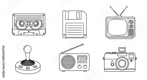 Vintage electronic devices and gadgets line art illustrations set