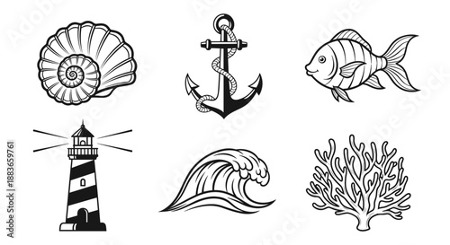 Nautical icons including seashell, anchor, fish, lighthouse, wave, and coral