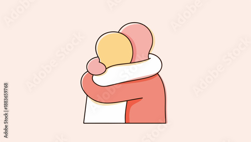 Minimalist illustration of two people embracing with a soft pink, white, and beige color palette