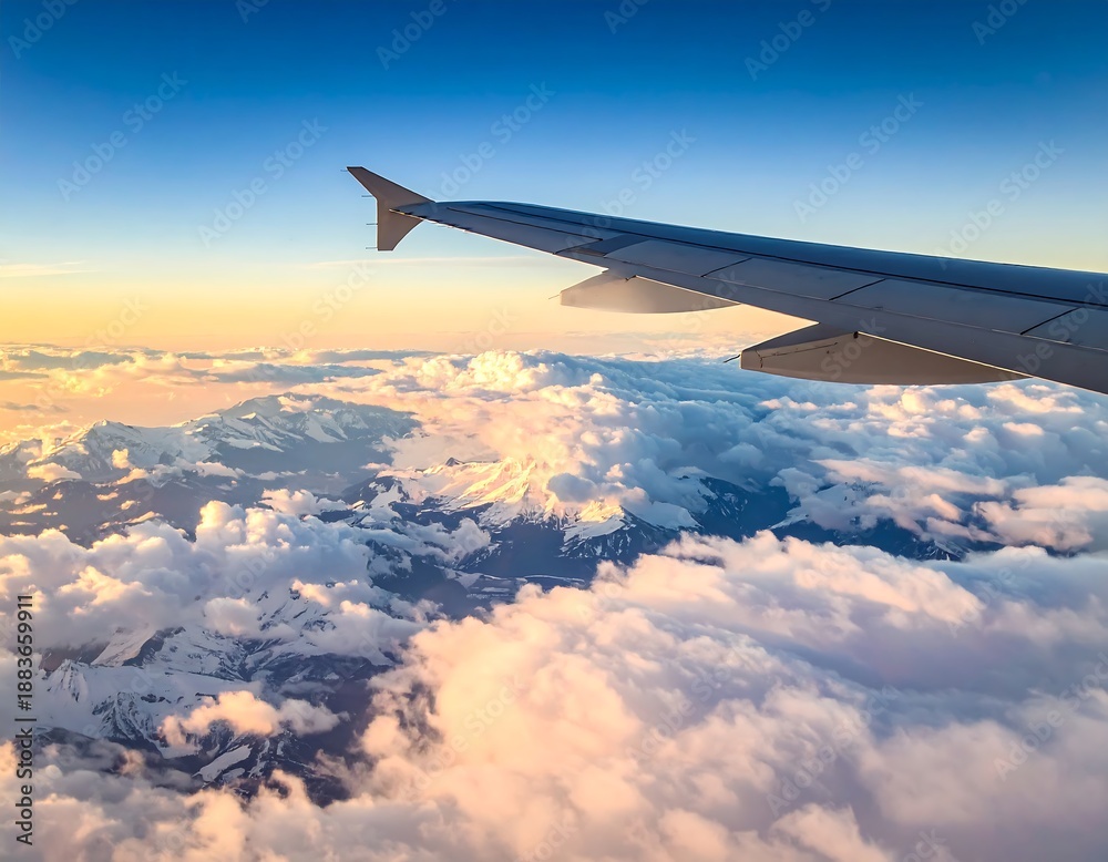 Obraz premium Airplane Wing Flying Above Clouds at Sunset.
