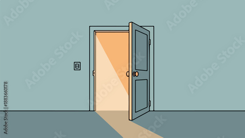 Minimalist interior with ajar gray door and light switch against light blue wall