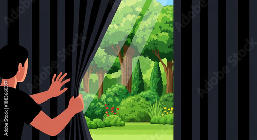 A man peeks out from behind a dark curtain to reveal a lush, sun-drenched garden filled with trees, bushes, and flowers