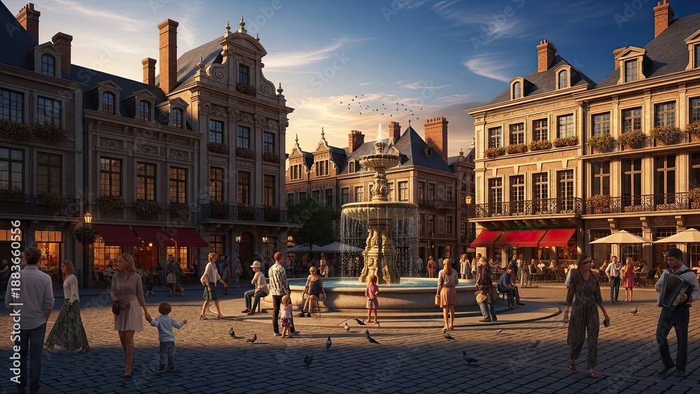Naklejka premium Town square with fountain and buildings under a bright sky