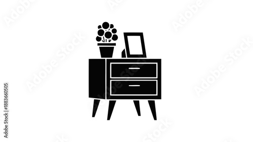 Vector illustration of a classic bedside nightstand with drawers, potted plant, and picture frame on transparent background