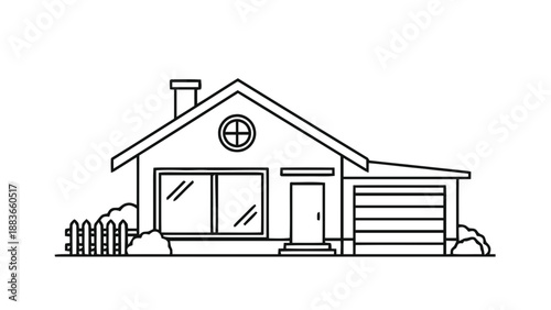 Vector illustration of a simple suburban house with a garage and garden, perfect for home design projects, on transparent background