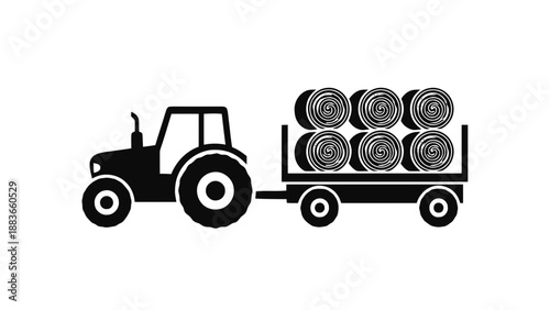 Vector illustration of a farm tractor pulling hay bales on a trailer, on transparent background