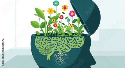 Illustration of a human head silhouette with a brain, plants and flowers growing from it symbolizing mental growth and development