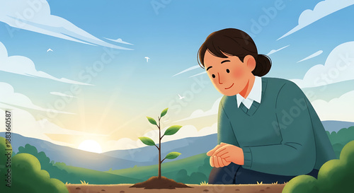 A compassionate woman gently tends to a young plant seedling, symbolizing the promise of nurturing new life, environmental care, and sustainable growth amidst a serene natural landscape