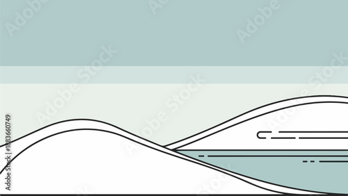 Minimalist seascape with a single wave in light blue and white with bold black outlines