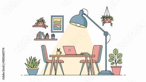 Organized workspace with laptop, coffee cup, and plants in a serene interior setting