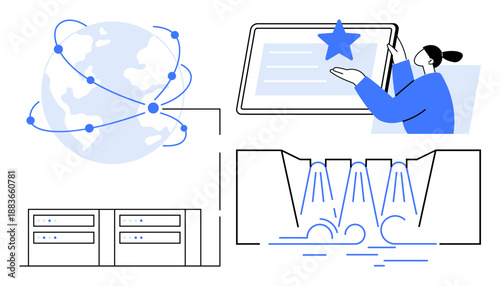 Global communication, digital networks, cloud computing, data security, information exchange, and technology systems. Globe with connections, data centers, person with tablet waterfall graphic