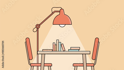 Well-organized study with rectangular table, books, and adjustable floor lamp with red shade