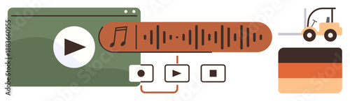 Digital media tools, sound editing, music production, multimedia creation, technology usage, construction industry. Includes media player, audio waveform, video controls forklift and color palette