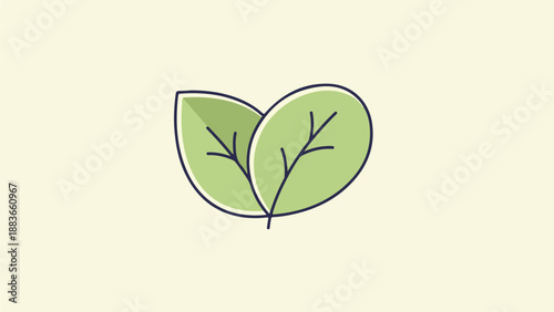 Two overlapping light green leaves with darker green outlines on a light beige background