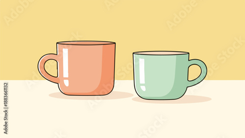 Two ceramic mugs, one peach and one mint-green, on a gradient background