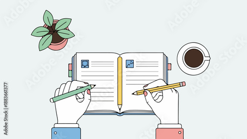 Person writing in a planner with a green pen and yellow pencil, potted plant, and coffee cup on a desk